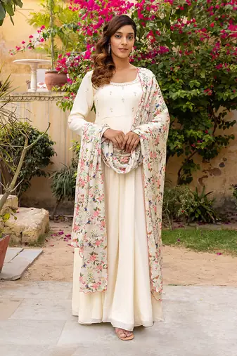 Off white georgette crepe anarkali set