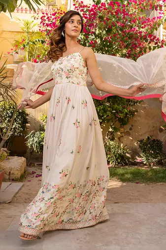 Off white georgette crepe anarkali set