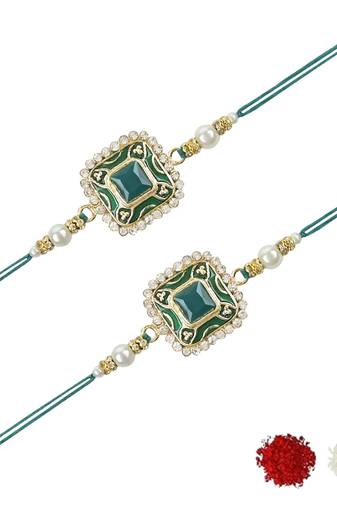 rakshabhandhan special kundan stone rakhi with roli chawal for bhaiya/brother/mens (r098g-2) (pack of 2 rakhi )