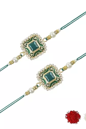 rakshabhandhan special kundan stone rakhi with roli chawal for bhaiya/brother/mens (r098g-2) (pack of 2 rakhi )