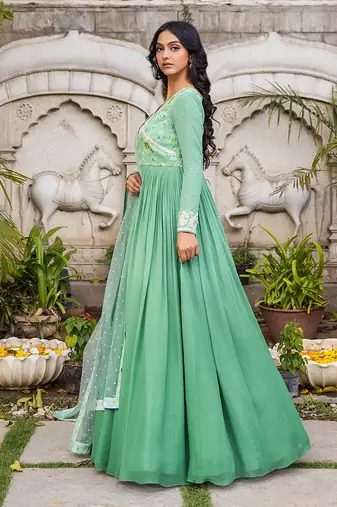 Green georgette angrakha anarkali set