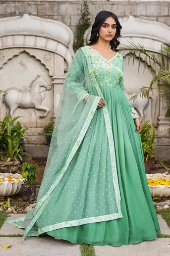Green georgette angrakha anarkali set