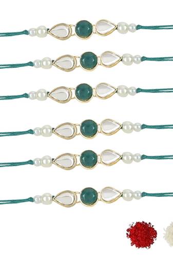rakshabhandhan special kundan stone rakhi with roli chawal for bhaiya/brother/mens (r099g-6) (pack of 6 rakhi )