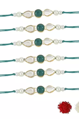 rakshabhandhan special kundan stone rakhi with roli chawal for bhaiya/brother/mens (r099g-6) (pack of 6 rakhi )
