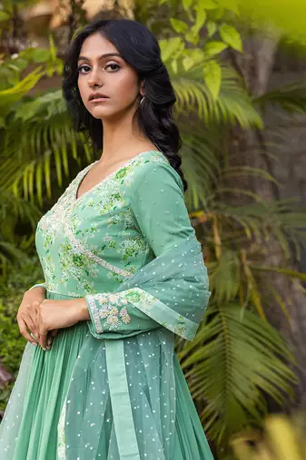 Green georgette angrakha anarkali set