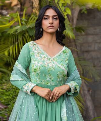 Green georgette angrakha anarkali set 5