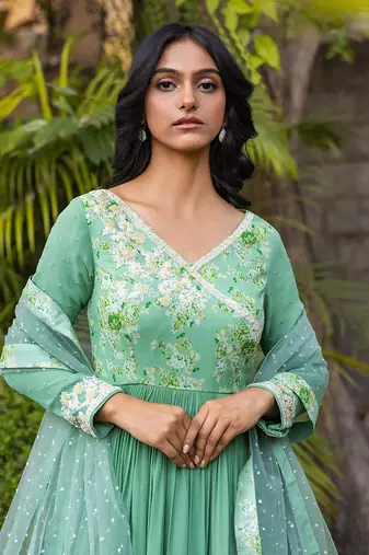 Green georgette angrakha anarkali set