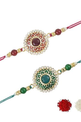 rakshabhandhan special kundan stone rakhi with roli chawal for bhaiya/brother/mens (r100m-g) (pack of 2 rakhi )