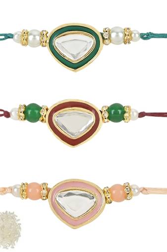 rakshabhandhan special kundan stone rakhi with roli chawal for bhaiya/brother/mens (r101-3)- pack of 3