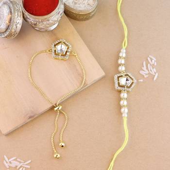 rakshabhandhan special kundan bhaiya bhabhi pearl hanging lumba bracelet rakhi combo set with roli chawa 1