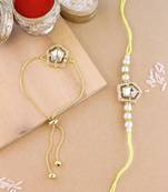 rakshabhandhan special kundan bhaiya bhabhi pearl hanging lumba bracelet rakhi combo set with roli chawa