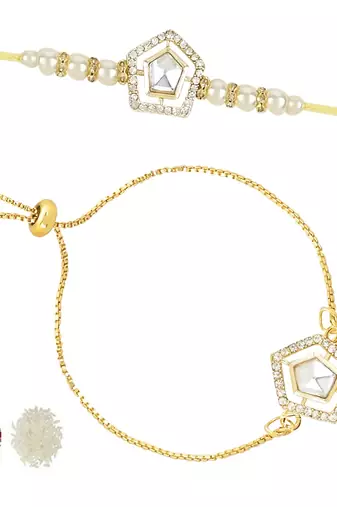 rakshabhandhan special kundan bhaiya bhabhi pearl hanging lumba bracelet rakhi combo set with roli chawa