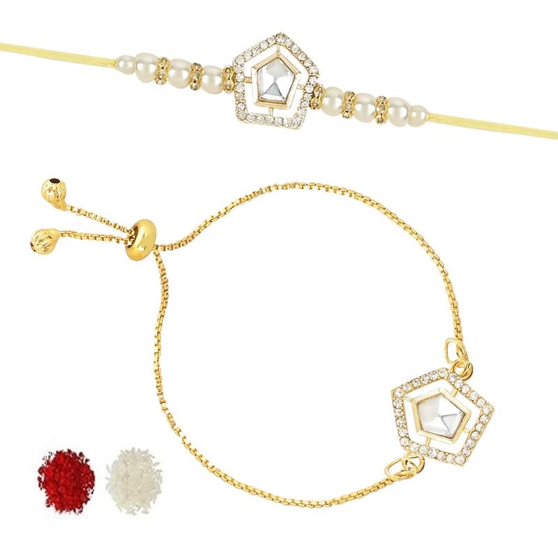 rakshabhandhan special kundan bhaiya bhabhi pearl hanging lumba bracelet rakhi combo set with roli chawa