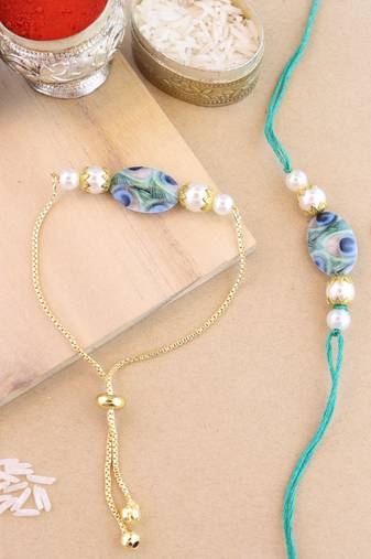 I jewels rakshabhandhan special peacock feather beaded bhaiya bhabhi chain lumba bracelet rakhi combo set with roli