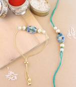 I jewels rakshabhandhan special peacock feather beaded bhaiya bhabhi chain lumba bracelet rakhi combo set with roli