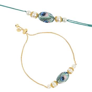 I jewels rakshabhandhan special peacock feather beaded bhaiya bhabhi chain lumba bracelet rakhi combo set with roli 2
