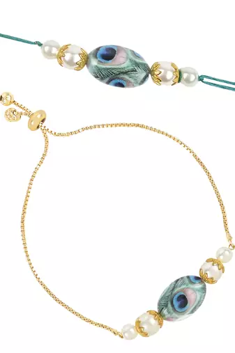 I jewels rakshabhandhan special peacock feather beaded bhaiya bhabhi chain lumba bracelet rakhi combo set with roli