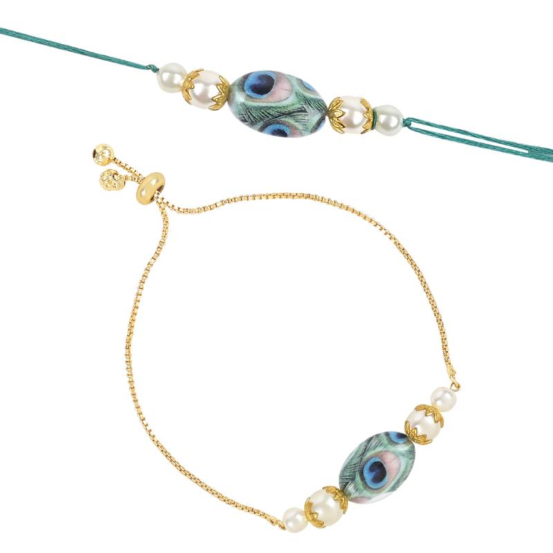 I jewels rakshabhandhan special peacock feather beaded bhaiya bhabhi chain lumba bracelet rakhi combo set with roli