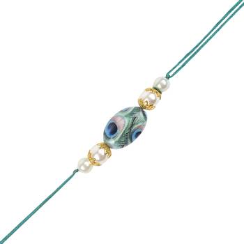 I jewels rakshabhandhan special peacock feather beaded bhaiya bhabhi chain lumba bracelet rakhi combo set with roli 3