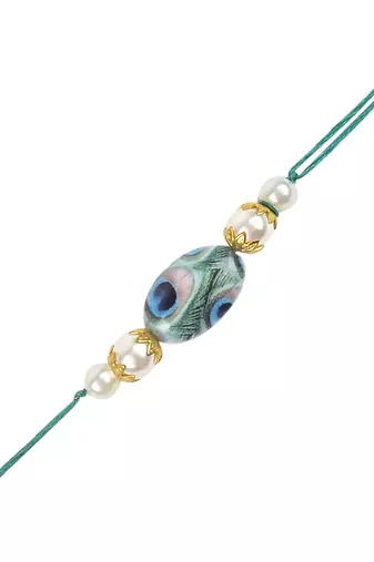 I jewels rakshabhandhan special peacock feather beaded bhaiya bhabhi chain lumba bracelet rakhi combo set with roli