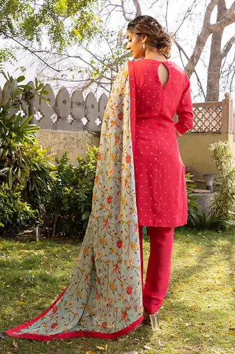 Coral and light blue georgette kurta set