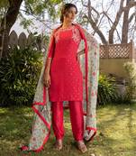 Coral and light blue georgette kurta set