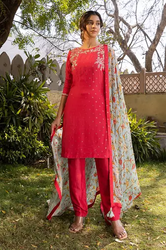 Coral and light blue georgette kurta set