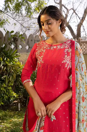 Coral and light blue georgette kurta set