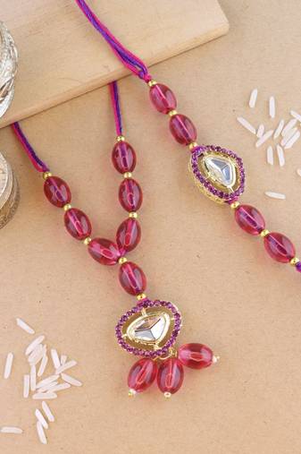 rakshabhandhan special kundan bhaiya bhabhi pearl hanging lumba bracelet rakhi combo set with roli chawal