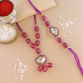 rakshabhandhan special kundan bhaiya bhabhi pearl hanging lumba bracelet rakhi combo set with roli chawal 1