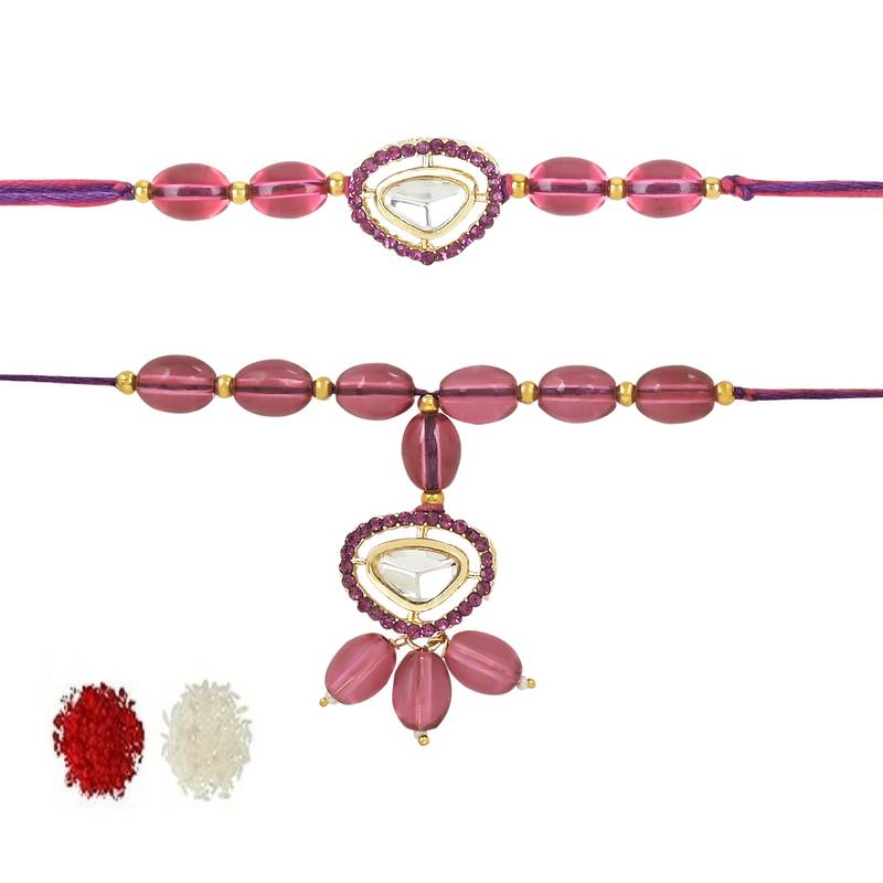 rakshabhandhan special kundan bhaiya bhabhi pearl hanging lumba bracelet rakhi combo set with roli chawal