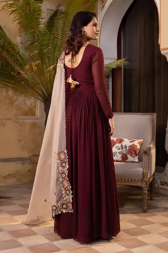 Brown and light peach georgette anarkali set