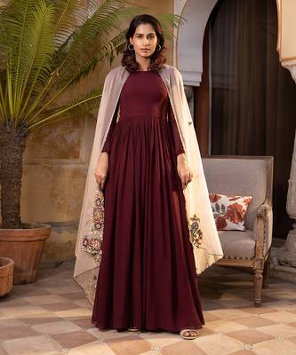 Brown and light peach georgette anarkali set 1