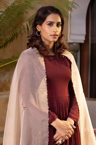 Brown and light peach georgette anarkali set