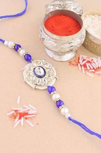 rakshabhandhan special kundan stone rakhi with roli chawal for bhaiya/brother/mens (r105bl)