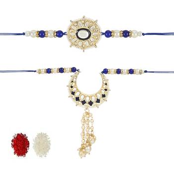 rakshabhandhan special kundan bhaiya bhabhi pearl hanging lumba bracelet rakhi combo set with roli chawal 1