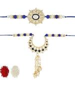 rakshabhandhan special kundan bhaiya bhabhi pearl hanging lumba bracelet rakhi combo set with roli chawal