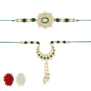 rakshabhandhan special kundan bhaiya bhabhi pearl hanging lumba rakhi combo set with roli chawal  1
