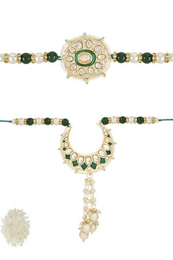 rakshabhandhan special kundan bhaiya bhabhi pearl hanging lumba rakhi combo set with roli chawal (r105g-co)