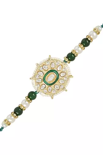rakshabhandhan special kundan bhaiya bhabhi pearl hanging lumba rakhi combo set with roli chawal 