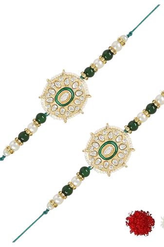 rakshabhandhan special kundan stone rakhi with roli chawal for bhaiya/brother/mens (r105g-2) (pack of 2 rakhi )