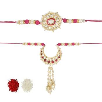 rakshabhandhan special kundan bhaiya bhabhi pearl hanging lumba rakhi combo set with roli chawal  1