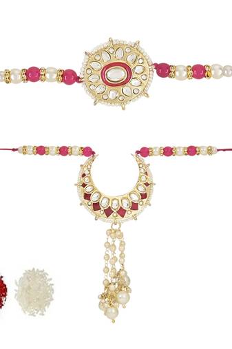 rakshabhandhan special kundan bhaiya bhabhi pearl hanging lumba rakhi combo set with roli chawal 