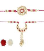 rakshabhandhan special kundan bhaiya bhabhi pearl hanging lumba rakhi combo set with roli chawal