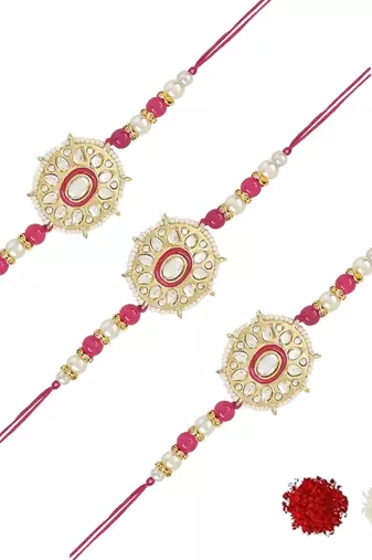 I jewels rakshabhandhan special kundan stone rakhi with roli chawal for bhaiya/brother/mens (r105q-3) (pack of 3 rakhi )