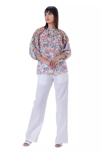 Multicolor linen flores top