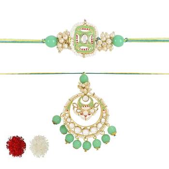 rakshabhandhan special kundan bhaiya bhabhi pearl hanging lumba rakhi combo set with roli chawal  1