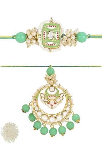 rakshabhandhan special kundan bhaiya bhabhi pearl hanging lumba rakhi combo set with roli chawal 
