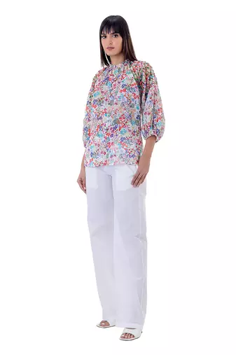 Multicolor linen flores top