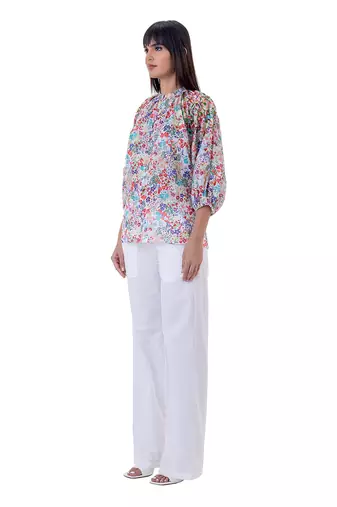 Multicolor linen flores top
